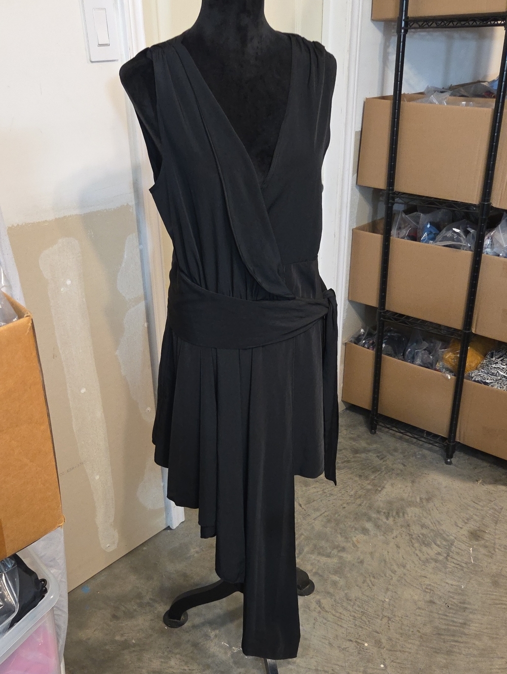 Double Zero Sleeveless Black Asymmetrical Wrap Dress Sash Wedding Flowy Elegant